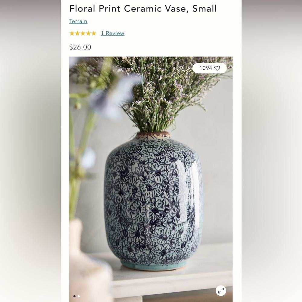 Anthropologie Blue Floral Ceramic Vase